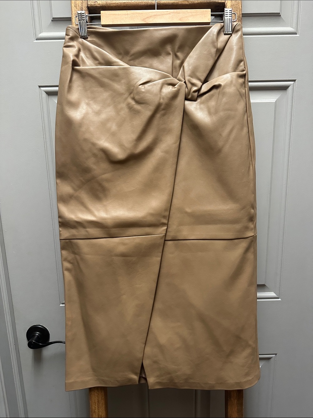 Mustard Seed Taupe Twist-Front Faux Leather Pencil Skirt